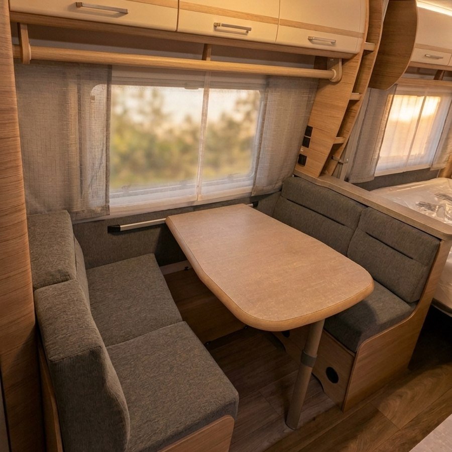 Wohnbereich mit Sitzecke im Wohnwagen